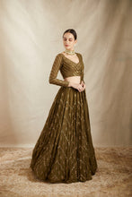 Load image into Gallery viewer, OLIVE GREEN ZIGZAG WORK LEHENGA SET