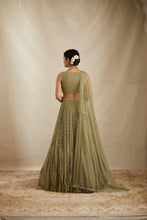 Load image into Gallery viewer, Olive Green Net Crepe Line Embroidered Lehenga Set
