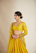 Load image into Gallery viewer, Mustard Chanderi Silk Crepe Bead Embroidered Lehenga Set
