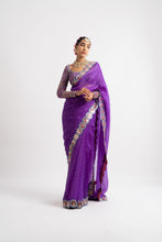 Load image into Gallery viewer, Purple Hand Cut Mirror Border Saree Set