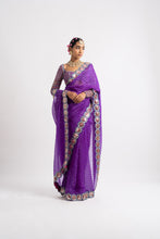 Load image into Gallery viewer, Purple Hand Cut Mirror Border Saree Set