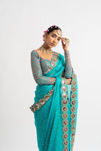Load image into Gallery viewer, Peacock Green Hand Cut Mirror Border Saree Set