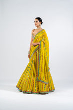 Load image into Gallery viewer, MOSS GREEN LINEAR DROP LEHENGA WITH METALLIC BLOUSE.