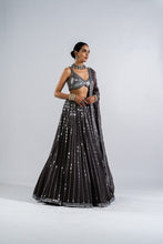 Load image into Gallery viewer, CHARCOAL GREY LINEAR DROP LEHENGA WITH METALLIC BLOUSE