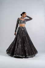 Load image into Gallery viewer, CHARCOAL GREY LINEAR DROP LEHENGA SET.