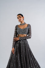 Load image into Gallery viewer, CHARCOAL GREY LINEAR DROP LEHENGA SET.