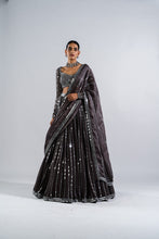 Load image into Gallery viewer, CHARCOAL GREY LINEAR DROP LEHENGA SET.