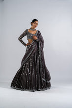 Load image into Gallery viewer, CHARCOAL GREY LINEAR DROP LEHENGA SET.