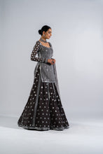 Load image into Gallery viewer, CHARCOAL GREY MIRROR WORK KURTA LEHENGA SET.