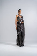 Load image into Gallery viewer, CHARCOAL GREY HEAVY MIRROR WORK SAREE WITH METALLIC BLOUSE