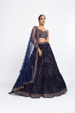 Load image into Gallery viewer, Navy blue dense dot corset lehnga set