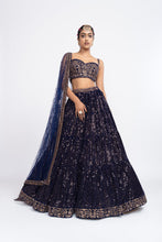 Load image into Gallery viewer, Navy blue dense dot corset lehnga set