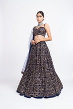 Load image into Gallery viewer, Navy blue fully embroidered corset lehenga set