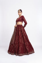 Load image into Gallery viewer, Maroon dense dot lehenga set