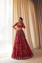 Load image into Gallery viewer, Crimson Red Small Flower Linear Lehenga Set