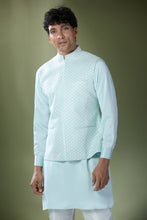 Load image into Gallery viewer, Aqua Blue Embroidered Kurta-Jacket Set
