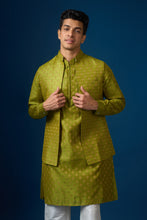 Load image into Gallery viewer, Olive Green Brocade Kurta-Bundi Set
