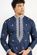 Load image into Gallery viewer, Dark Blue Embroidered Kurta-Jacket Set
