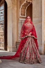 Load image into Gallery viewer, Mahanoor - Dabka Zardozi Embroidered Pure Silk Red Bridal Lehenga Set
