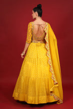 Load image into Gallery viewer, yellow banarasi chanderi lehenga set with organza dupattat and blouse
