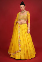 Load image into Gallery viewer, yellow banarasi chanderi lehenga set with organza dupattat and blouse
