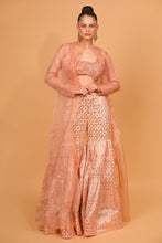 Load image into Gallery viewer, peach banarasi chanderi sharara with organza cape and blouse
