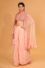 Load image into Gallery viewer, peach organza cape with crepe dhoti set with cape

