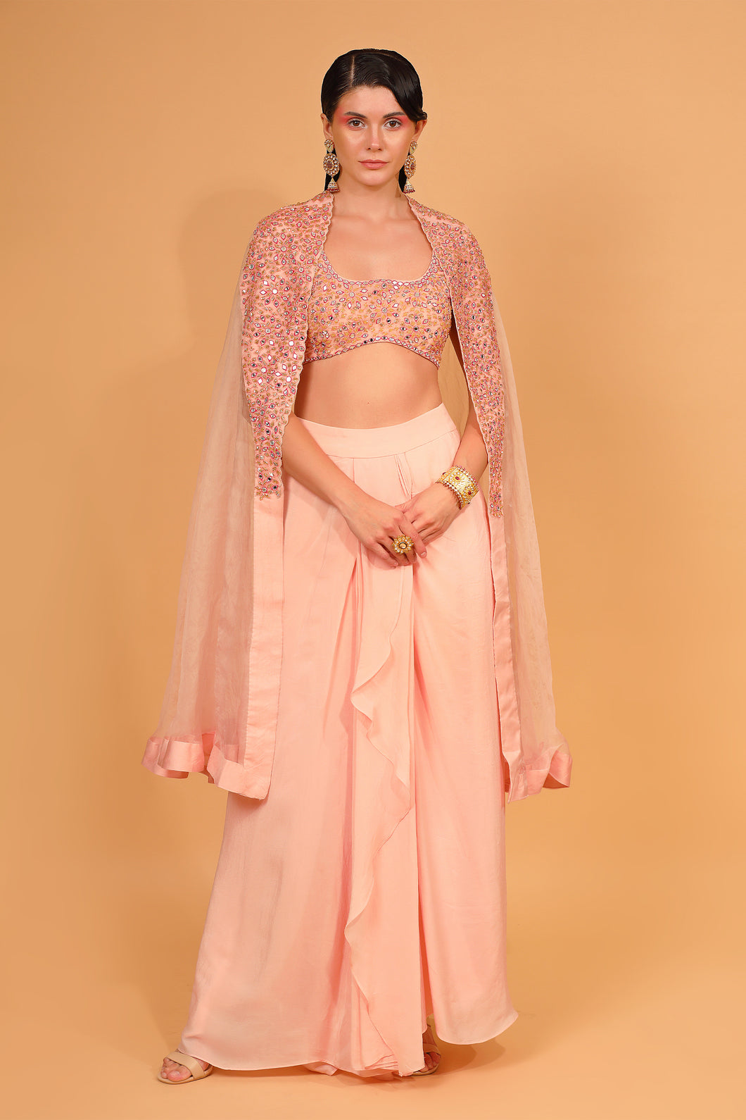 peach organza cape with crepe dhoti set with cape