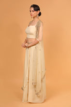 Load image into Gallery viewer, ivory organza cape with crepe dhoti set with cape
