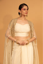 Load image into Gallery viewer, ivory organza cape with crepe dhoti set with cape
