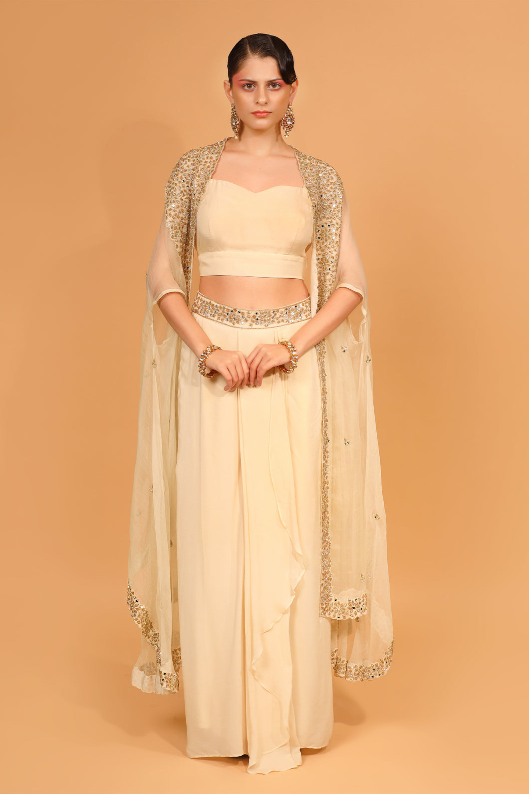 ivory organza cape with crepe dhoti set with cape