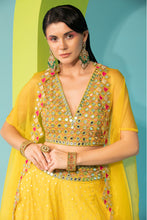 Load image into Gallery viewer, yellow banarasi chanderi sharara with organza cape and blouse
