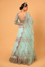 Load image into Gallery viewer, blue net lehenga set with organza dupattat and blouse
