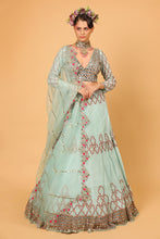 Load image into Gallery viewer, blue net lehenga set with organza dupattat and blouse

