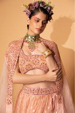 Load image into Gallery viewer, peach banarasi organza lehenga wite organza cape and blouse
