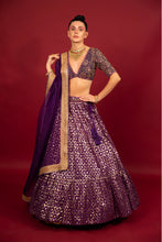 Load image into Gallery viewer, purple banarasi chanderi lehenga set with organza dupattat and blouse

