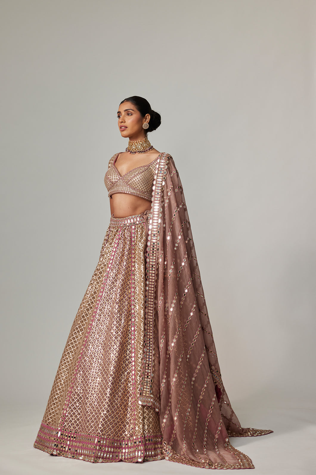 DEEP BEIGE MULTICOLOR METALLIC LEHENGA WITH ELBOW BLOUSE