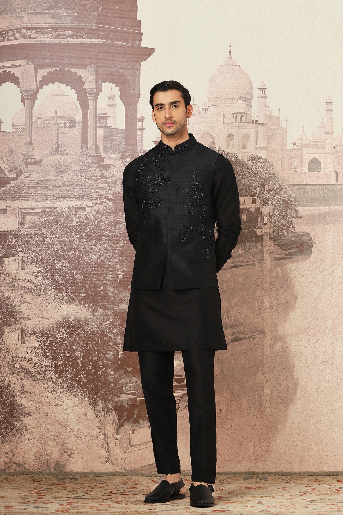 Black Aura Embroidered Raw Silk Kurta Bundi Set