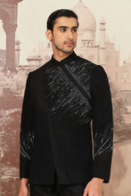 Load image into Gallery viewer, Midnight Black Asymmetrical Hand Embroidered Bandhgala Set
