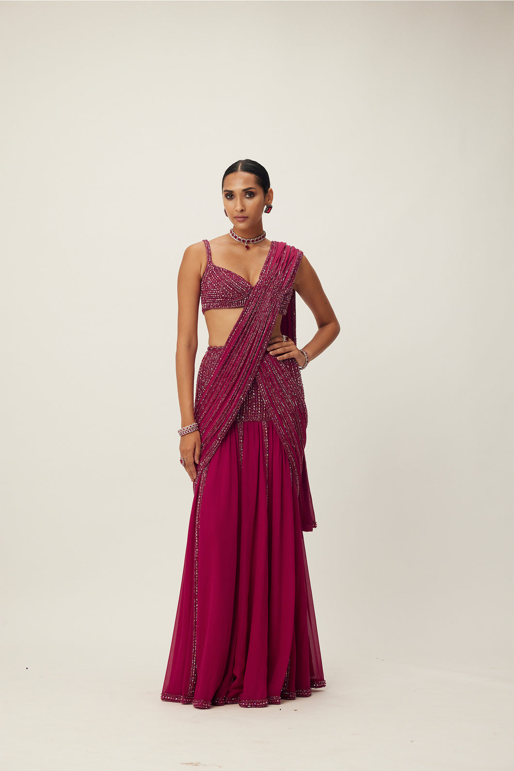Ruby Red Pre Draped Crystal Embellished Saree Set