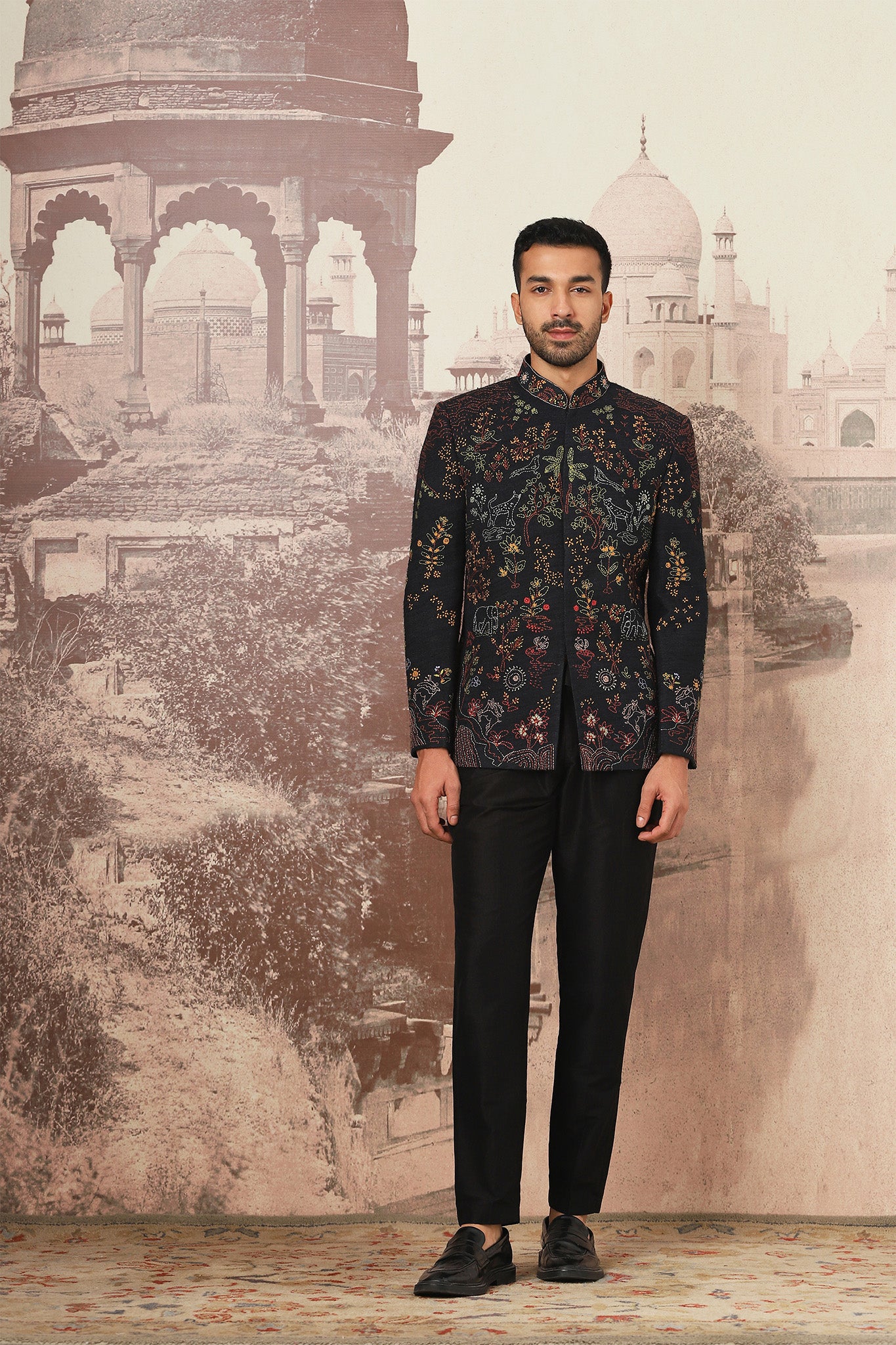 Azalea Black Linen Embroidered Bandhgala Set