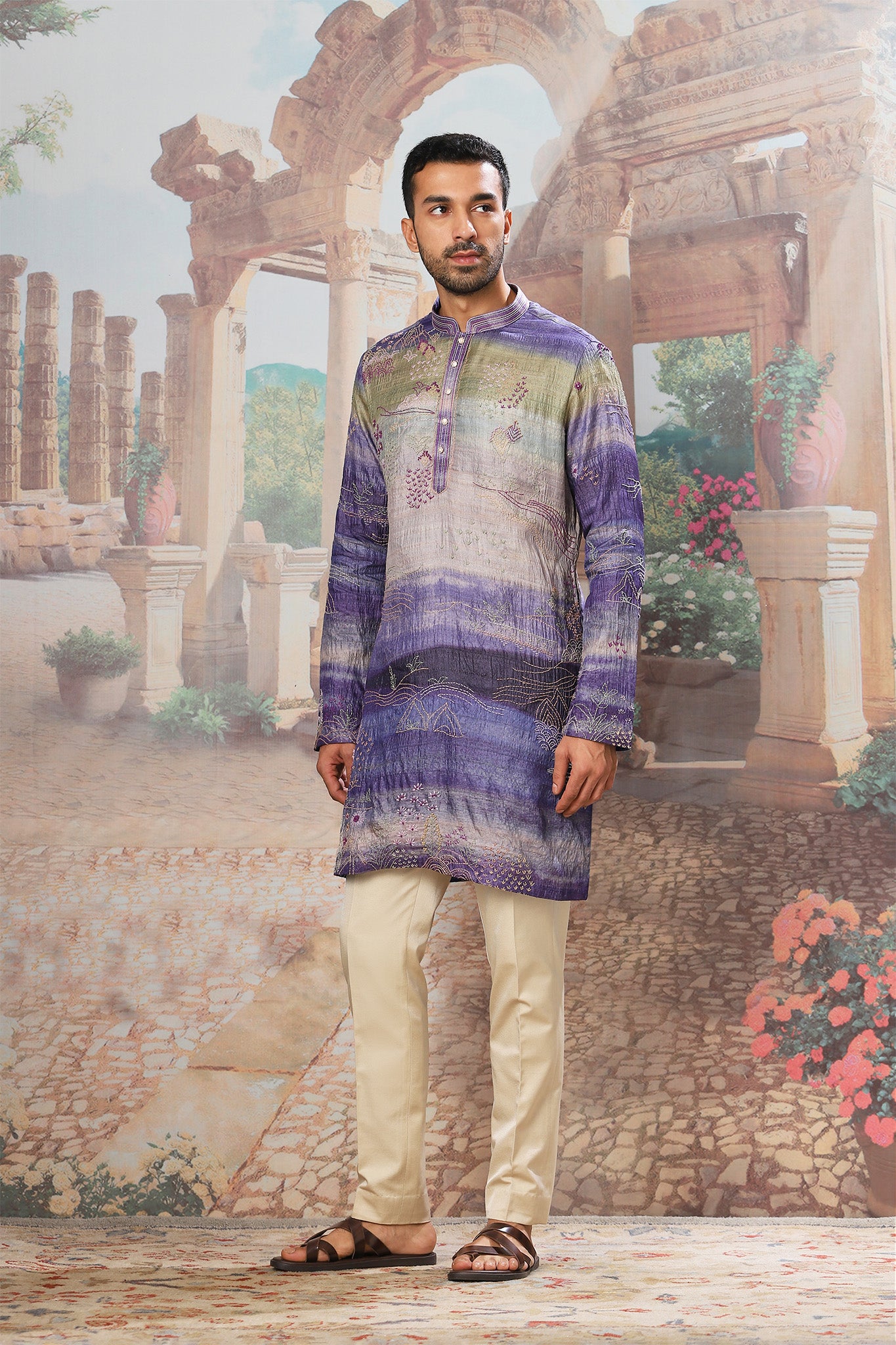 Antique Periwinkle Tussar Kantha Embroidered Kurta Set
