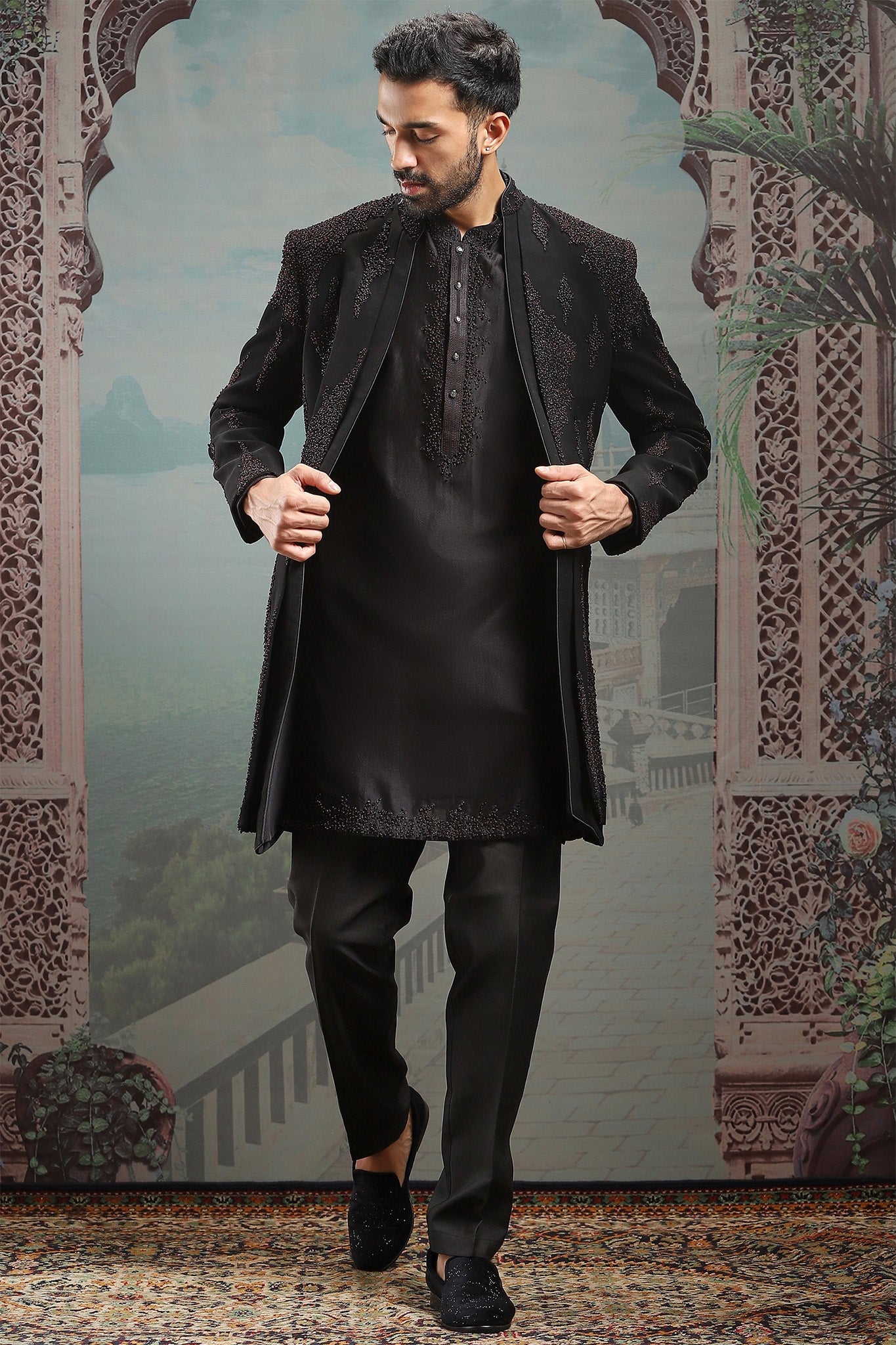 Black silk cutdana Open Indowestern