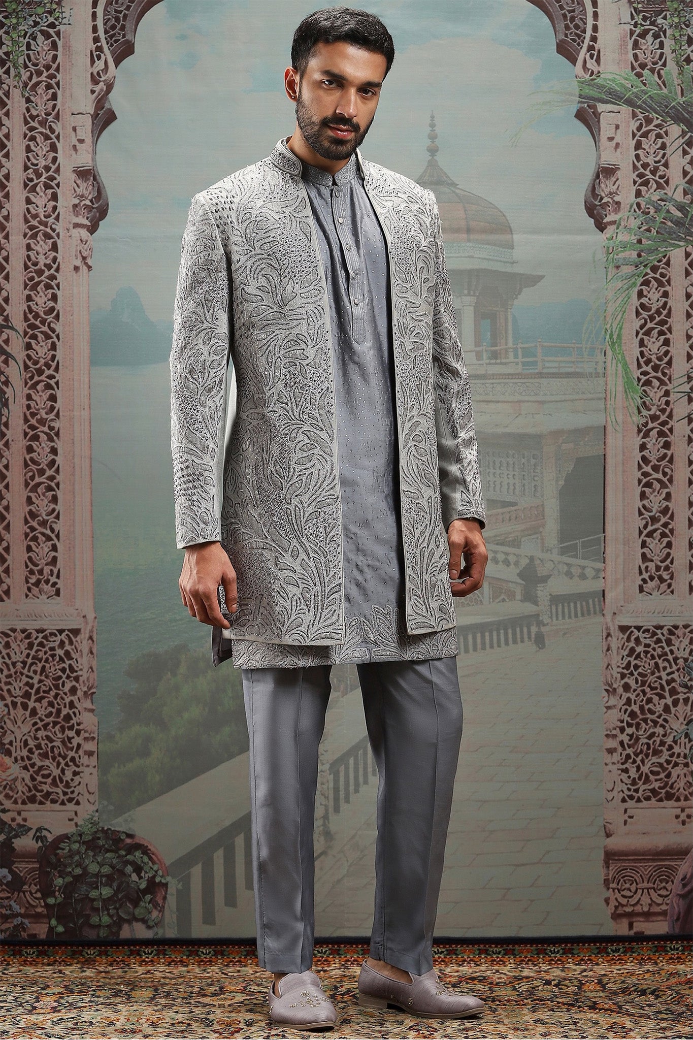 Grey Silk Indowestern with Dabka Embroidery