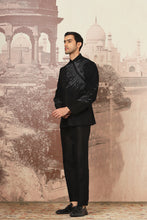 Load image into Gallery viewer, Midnight Black Asymmetrical Hand Embroidered Bandhgala Set
