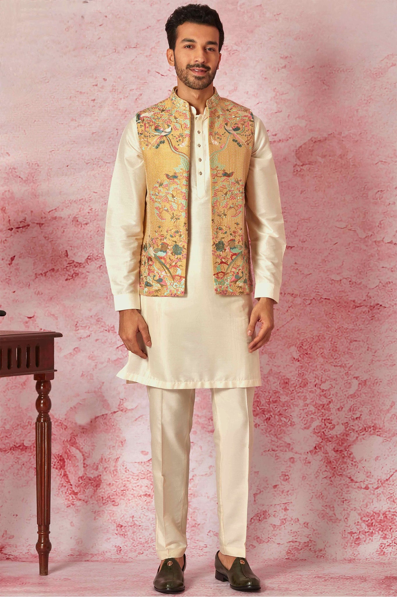Mustard Kantha Stitch Bundi with Cream Kurta Set