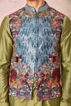 Load image into Gallery viewer, Turquoise Sequin-Adorned Bundi Set with Olive Green Cotton silk pintuck Kurta
