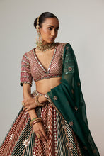 Load image into Gallery viewer, CRANBERRY MULTICOLOR LINEAR FLOWER LEHENGA SET WITH JADE GREEN DUPATTA
