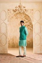 Load image into Gallery viewer, EMBROIDERED TEAL MIRRORWORK BUNDI WITH KURTA TROUSER
