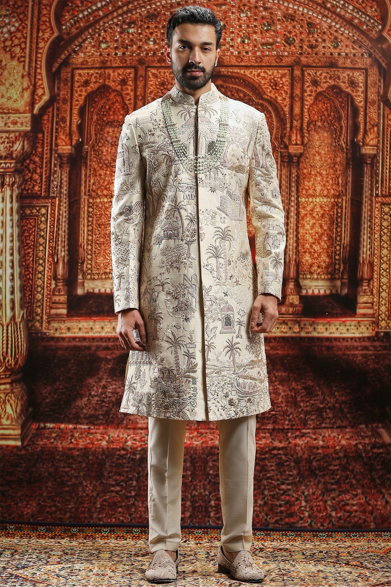 Cream silk Dabka and Pitta Work Sherwani